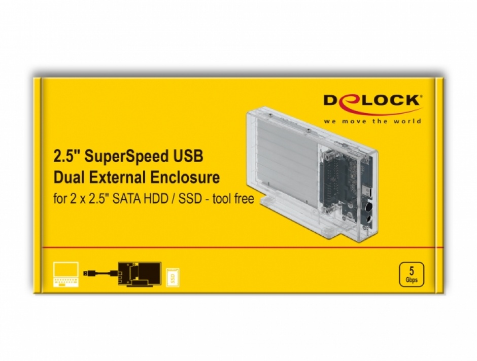 Imagine Rack extern USB-C 3.1 pentru 2 x 2.5" SATA HDD / SSD transparent, Delock 42622